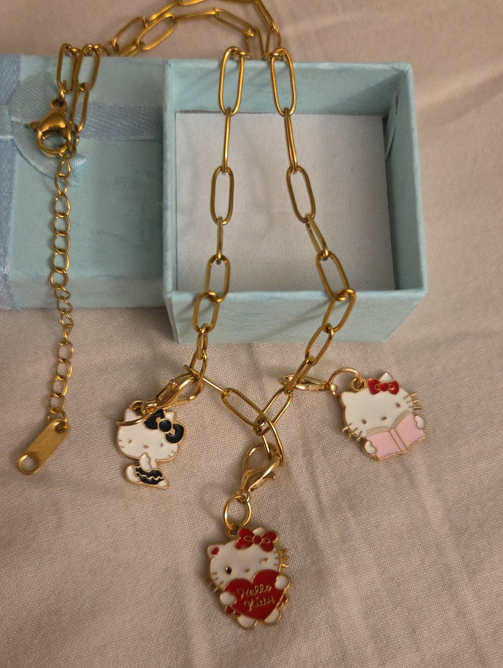 Hello Kitty Gold-Tone Paperclip Charm Necklace - 3 Charms, Box Included 16in